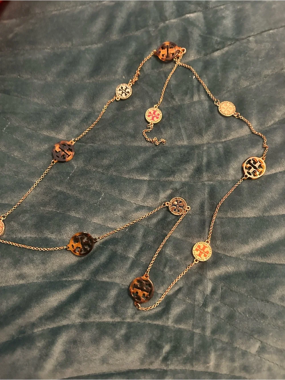 Authentic Tory Burch Gold-Tone Miller Necklace with Tortoise & Coral Medallions